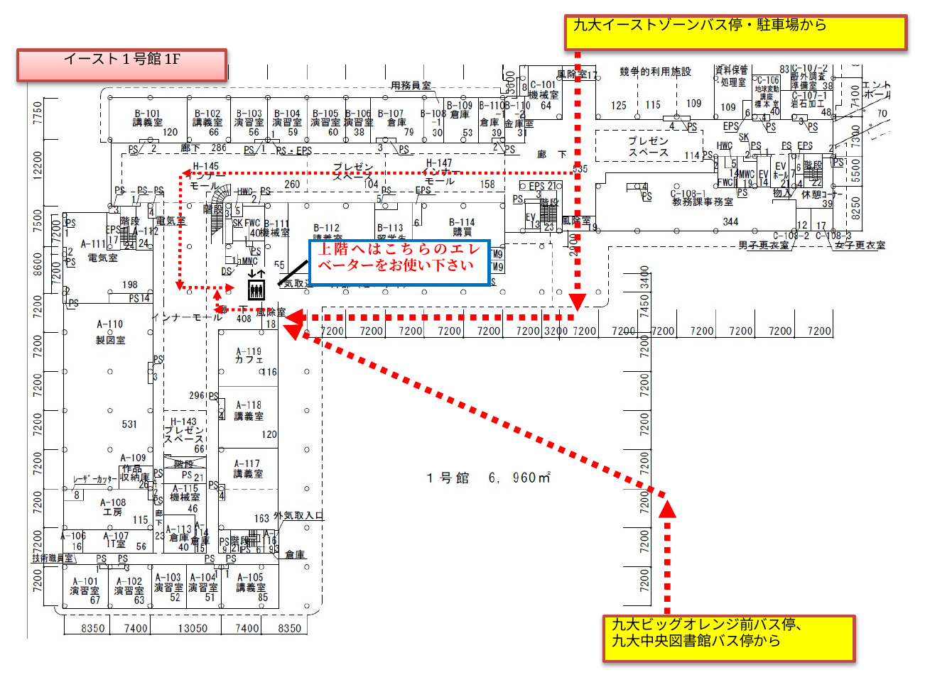 イースト1号館1階の建物内ルート